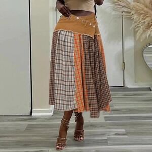 Plaid Patchwork Midi Skirt in Orange and Brown